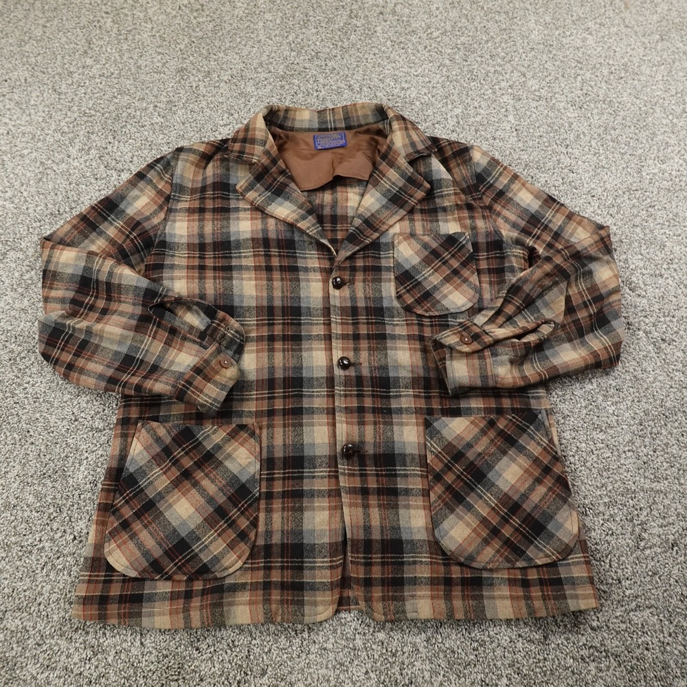 VTG‎ Pendleton Jacket Mens M Brown Plaid Wool Blazer Sport Coat Shacket USA 60s
